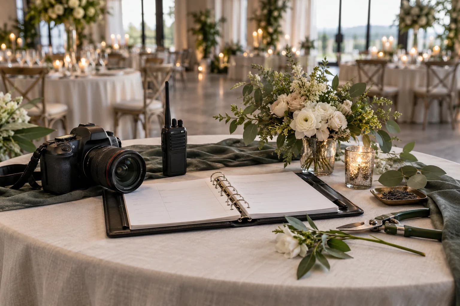 AI-generated editorial image: A camera, radio, florist shears, and shared planning binder beside a wedding reception.