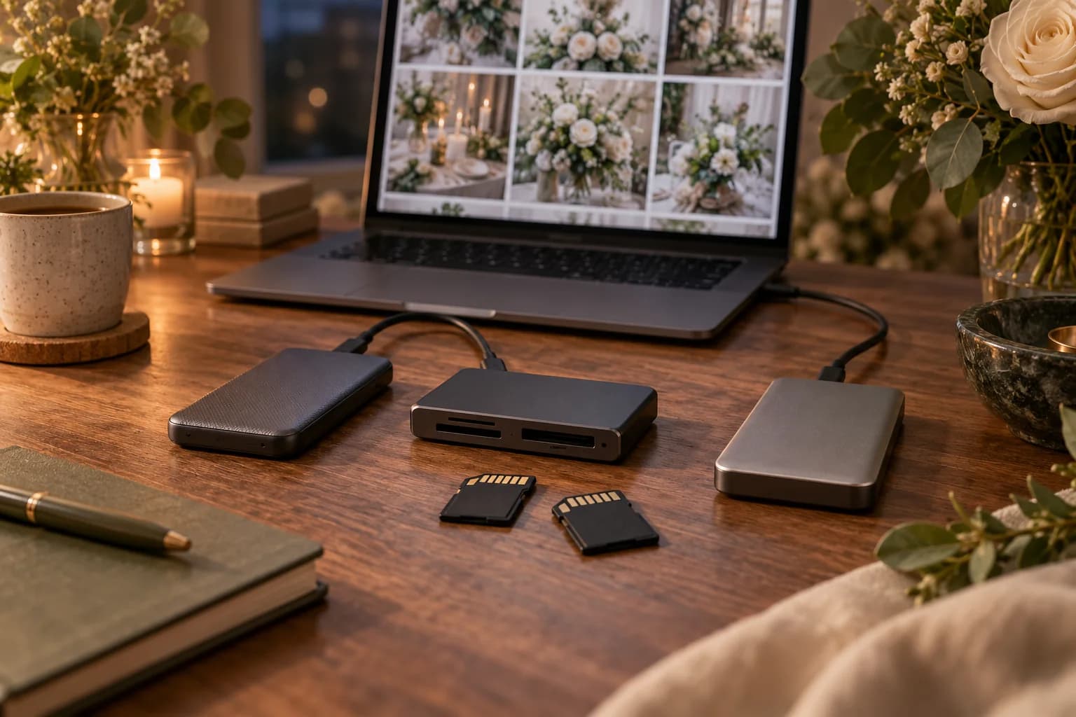 AI-generated editorial image: Memory cards and backup drives beside a laptop wedding gallery after the celebration.