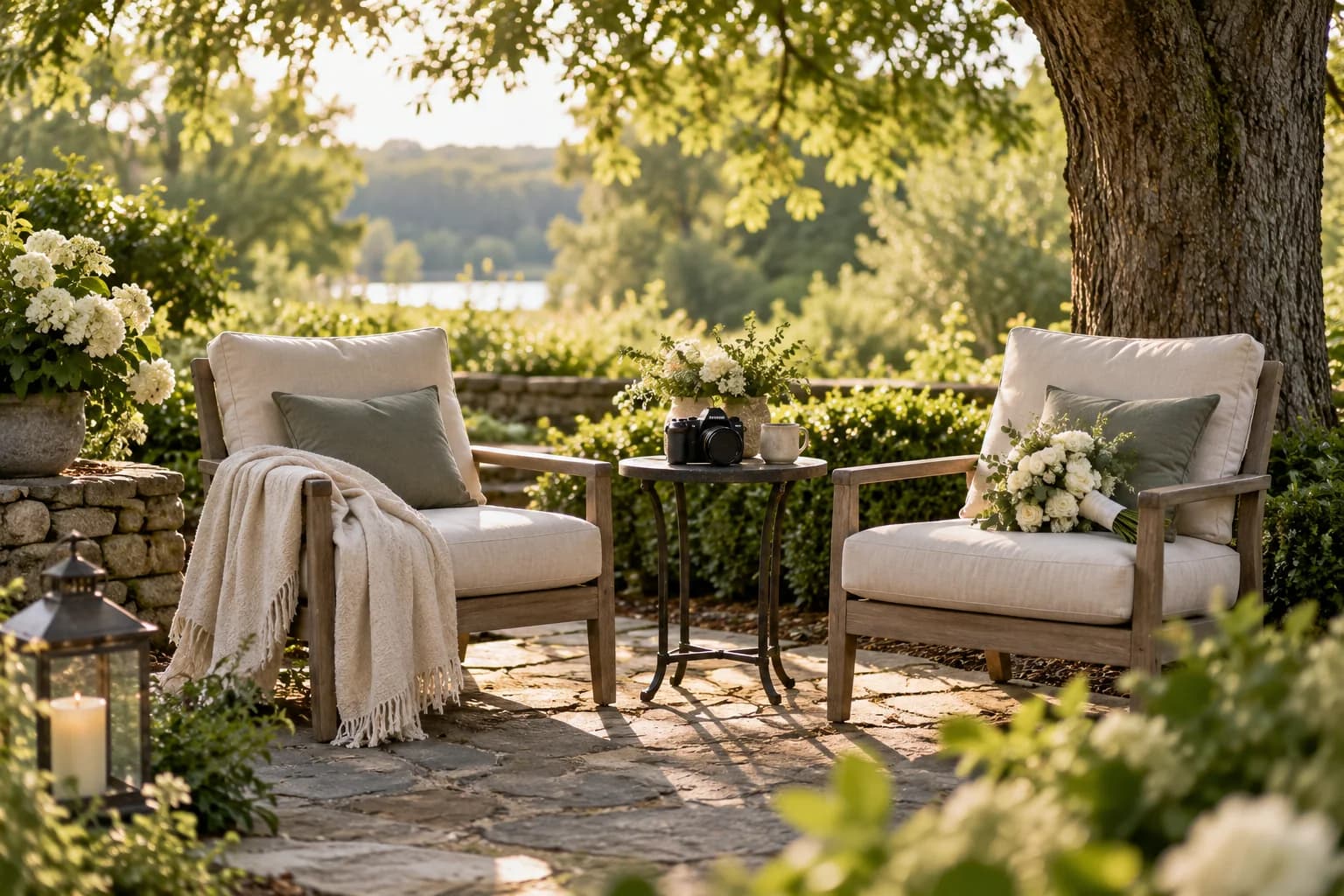 AI-generated editorial image: A relaxed garden seating area with a bouquet and a camera set aside on a small table.
