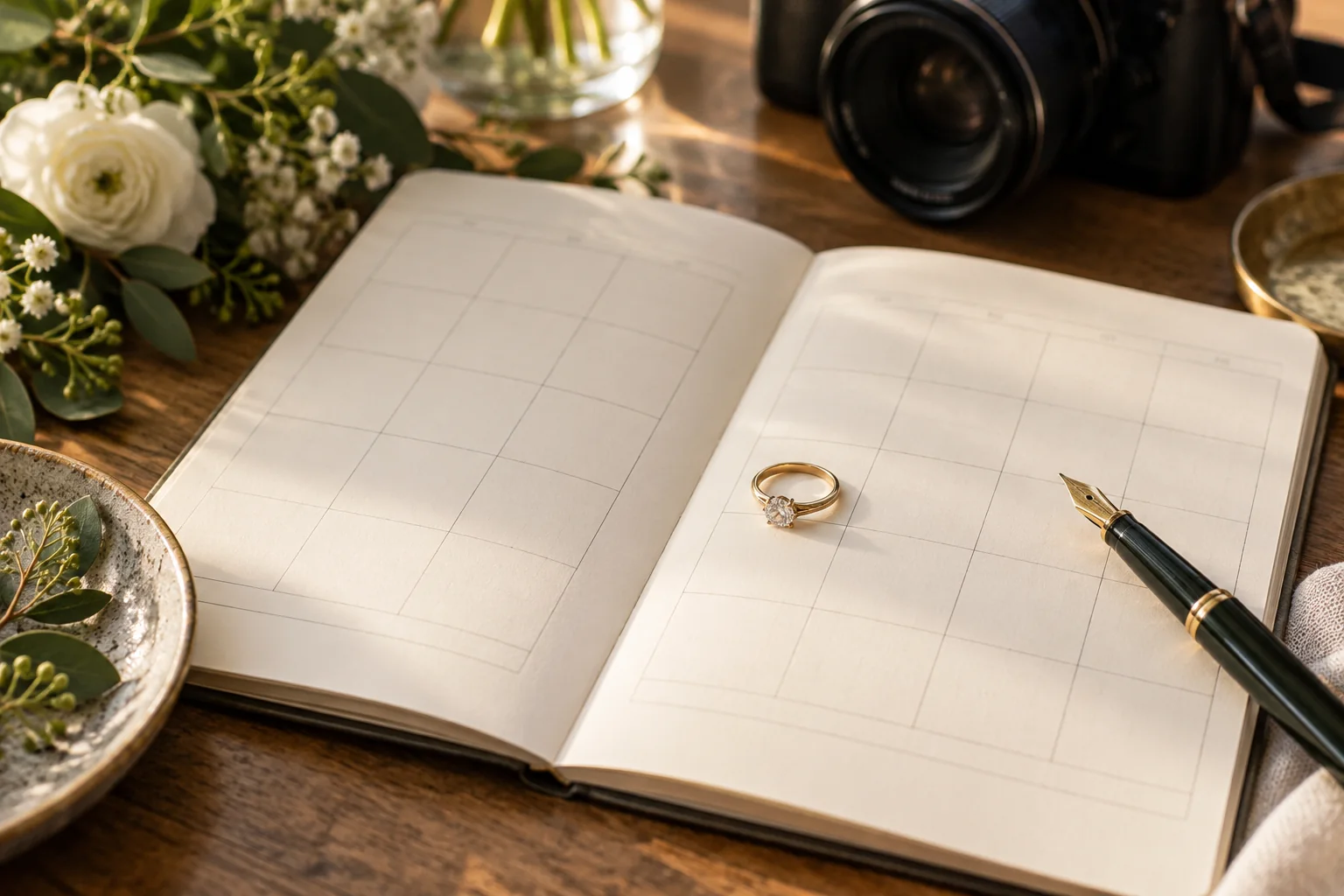 AI-generated editorial image: An engagement ring marking a planner square beside a pen, with a camera in the background.