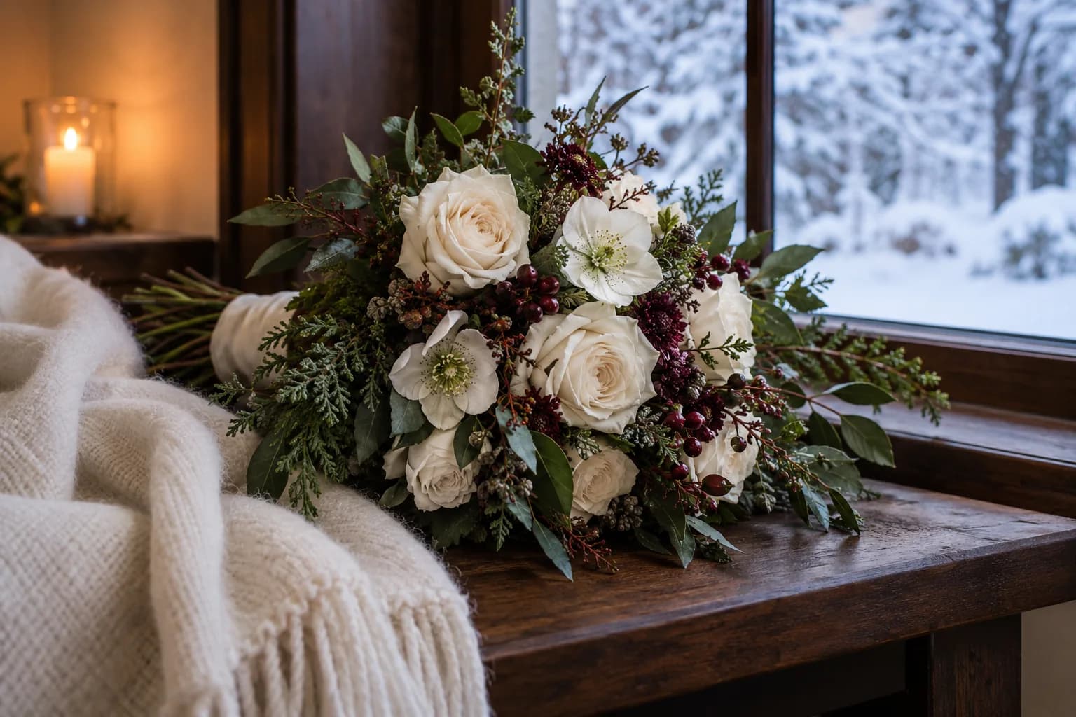 AI-generated editorial image: A winter bridal bouquet and wool wrap beside a window overlooking snowy trees.