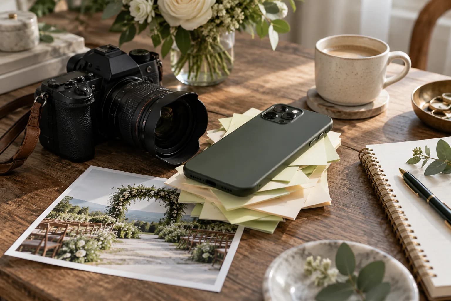 AI-generated editorial image: A phone set face-down on planning notes beside a camera and a ceremony print.