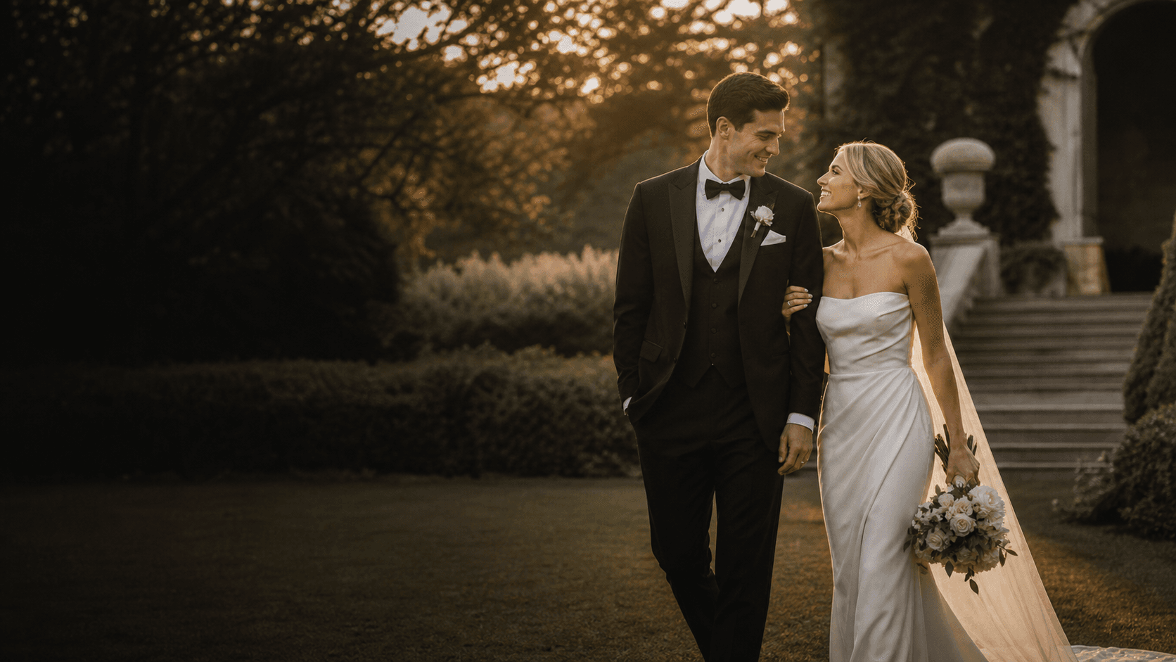 Elegant wedding couple walking through an estate garden at golden hour