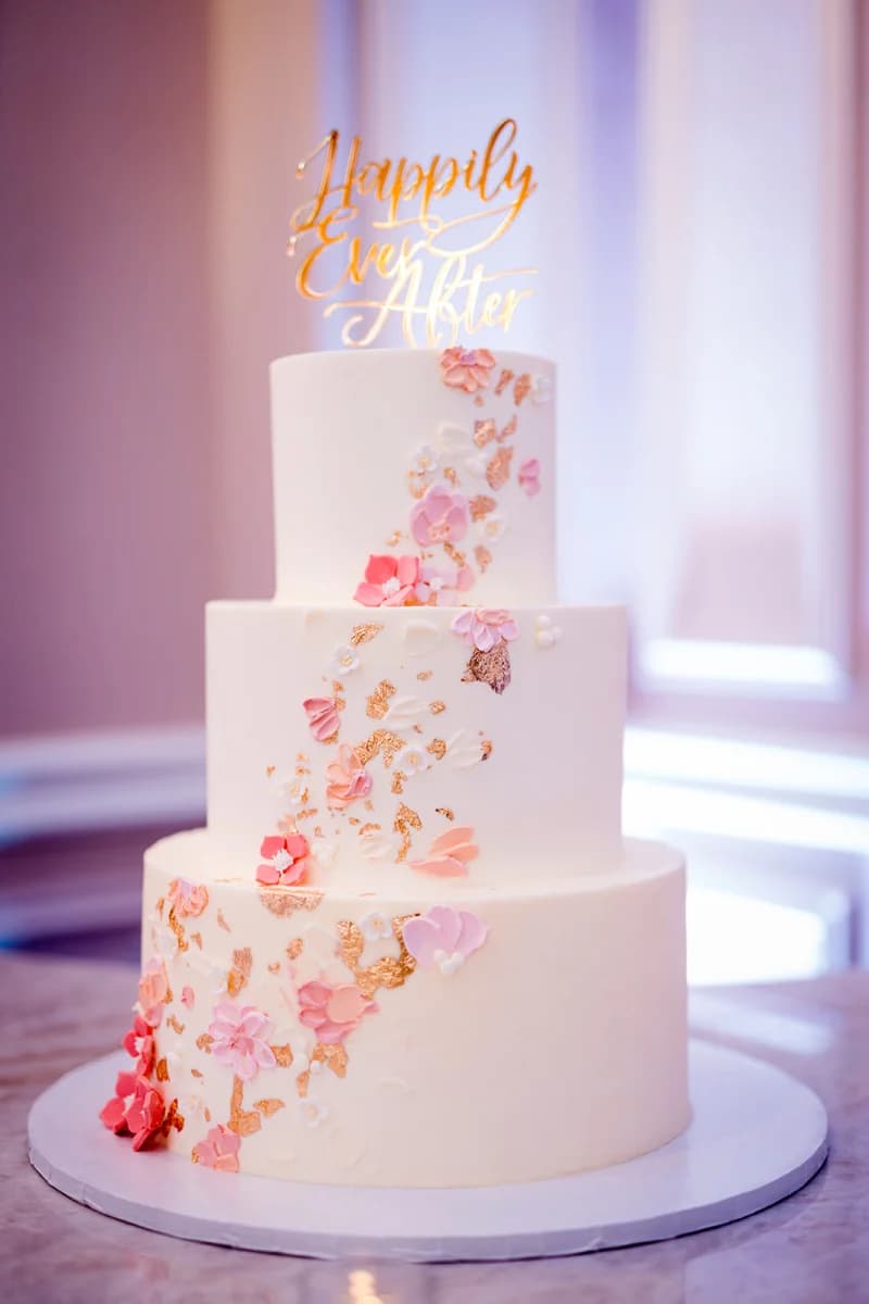 Amanda and Alex’s three-tier cake with a “Happily Ever After” topper