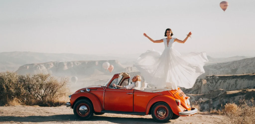 Newlyweds in car